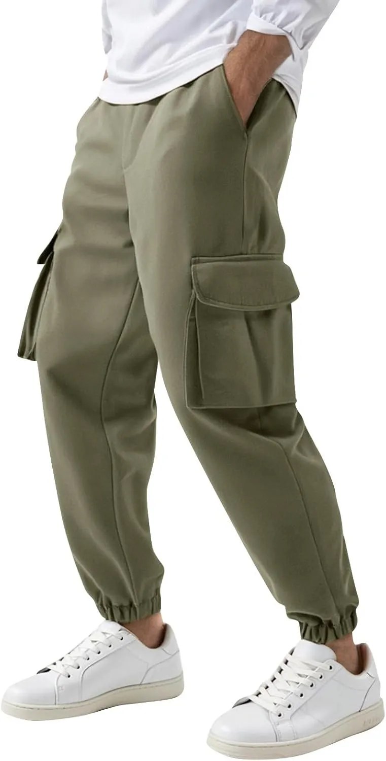 Cargo Pants for Men Casual Slim Fit Drawstring Waist Cargo Pants with Multi Pockets Trendy Outdoor Pants Streetwear