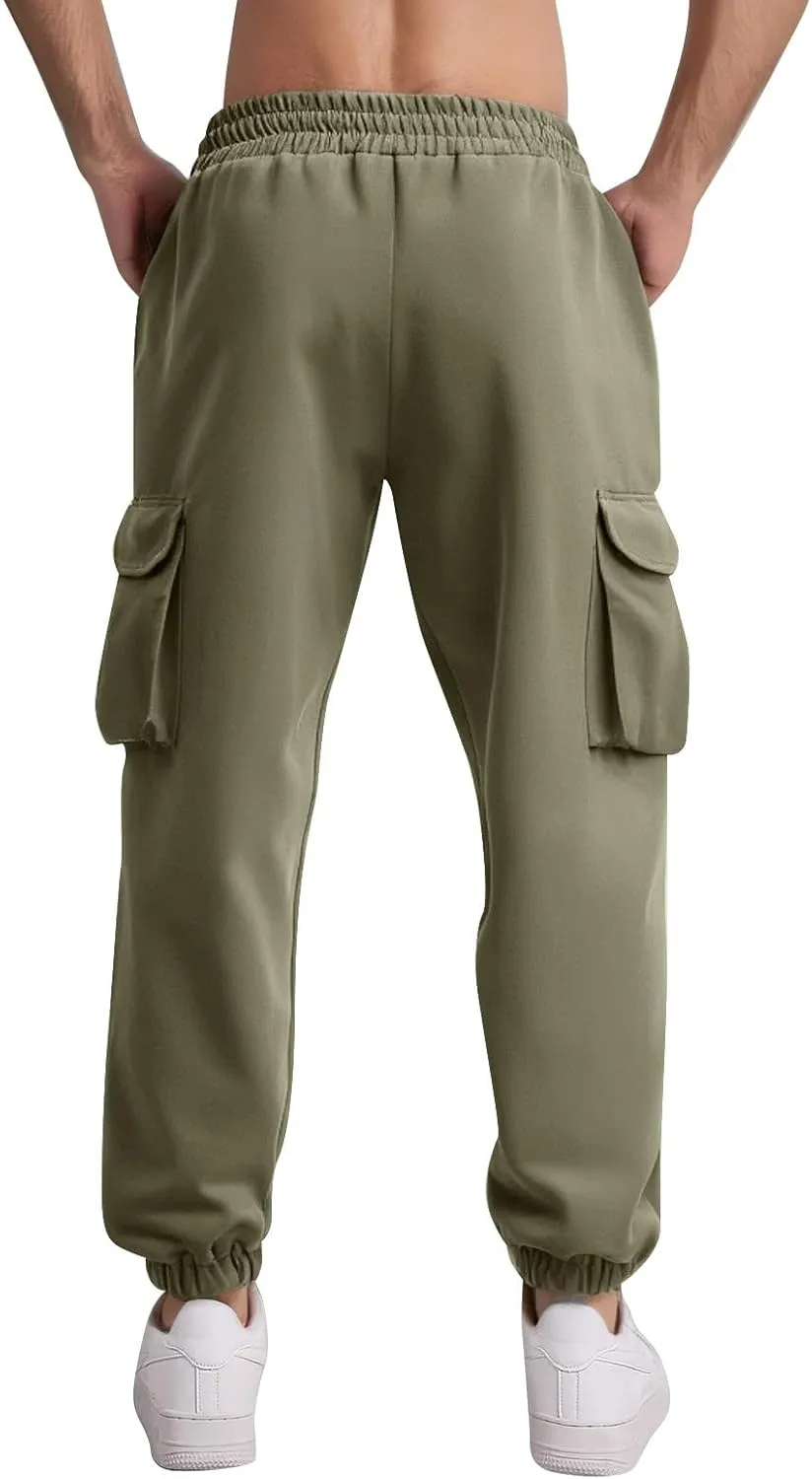 Cargo Pants for Men Casual Slim Fit Drawstring Waist Cargo Pants with Multi Pockets Trendy Outdoor Pants Streetwear