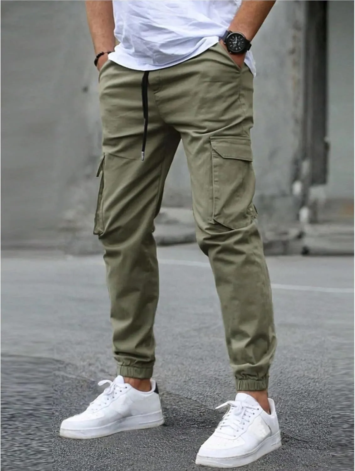 Cargo Pants for Men Casual Slim Fit Drawstring Waist Cargo Pants with Multi Pockets Trendy Outdoor Pants Streetwear