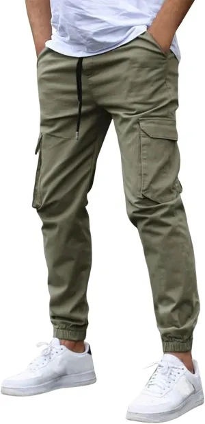 Cargo Pants for Men Casual Slim Fit Drawstring Waist Cargo Pants with Multi Pockets Trendy Outdoor Pants Streetwear