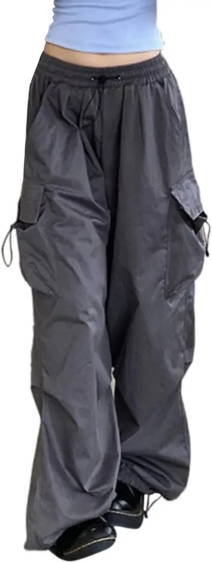 Cargo Pants for Women Baggy Low Waist Drawstring Wide Leg Straight Trousers with 6 Pockets Loose Jogger Teen Girls Modern Plus Size Hipster 90S Hip Hop Parachute Pants White
