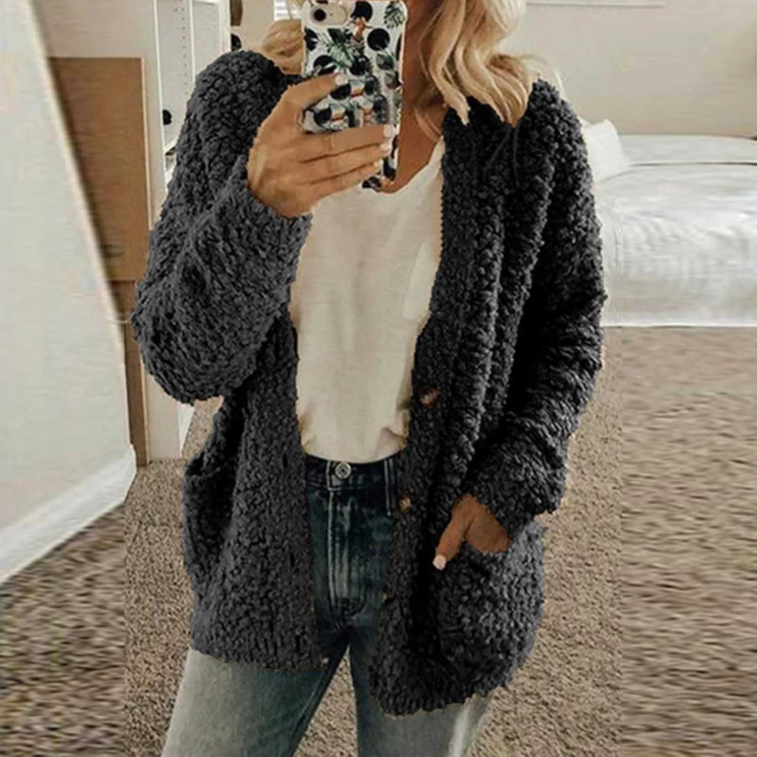 Ceboyel Women Sherpa Fleece Jacket Shearling Teddy Coats Fuzzy Casual Cardigan Trendy Winter Outerwear Outfits 2023