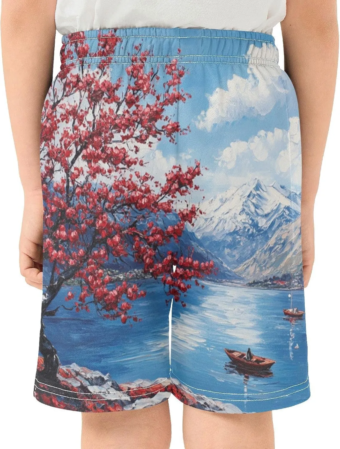 Cherry Blossom Mountain Lake Boy's Lightweight Casual Shorts Summer Athletic Shorts with Pockets for Hiking Outdoor