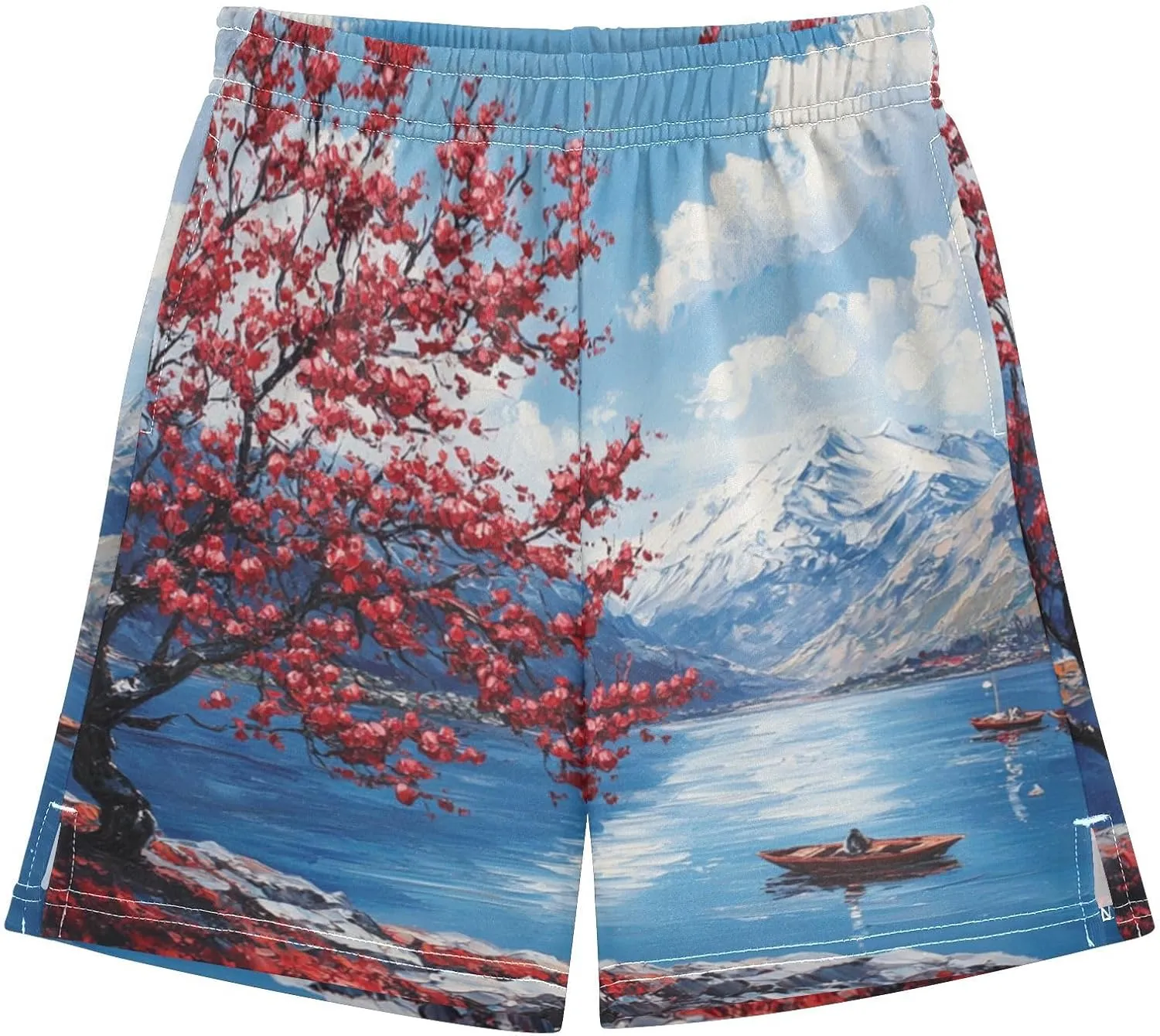 Cherry Blossom Mountain Lake Boy's Lightweight Casual Shorts Summer Athletic Shorts with Pockets for Hiking Outdoor