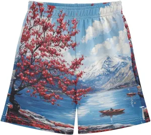 Cherry Blossom Mountain Lake Boy's Lightweight Casual Shorts Summer Athletic Shorts with Pockets for Hiking Outdoor