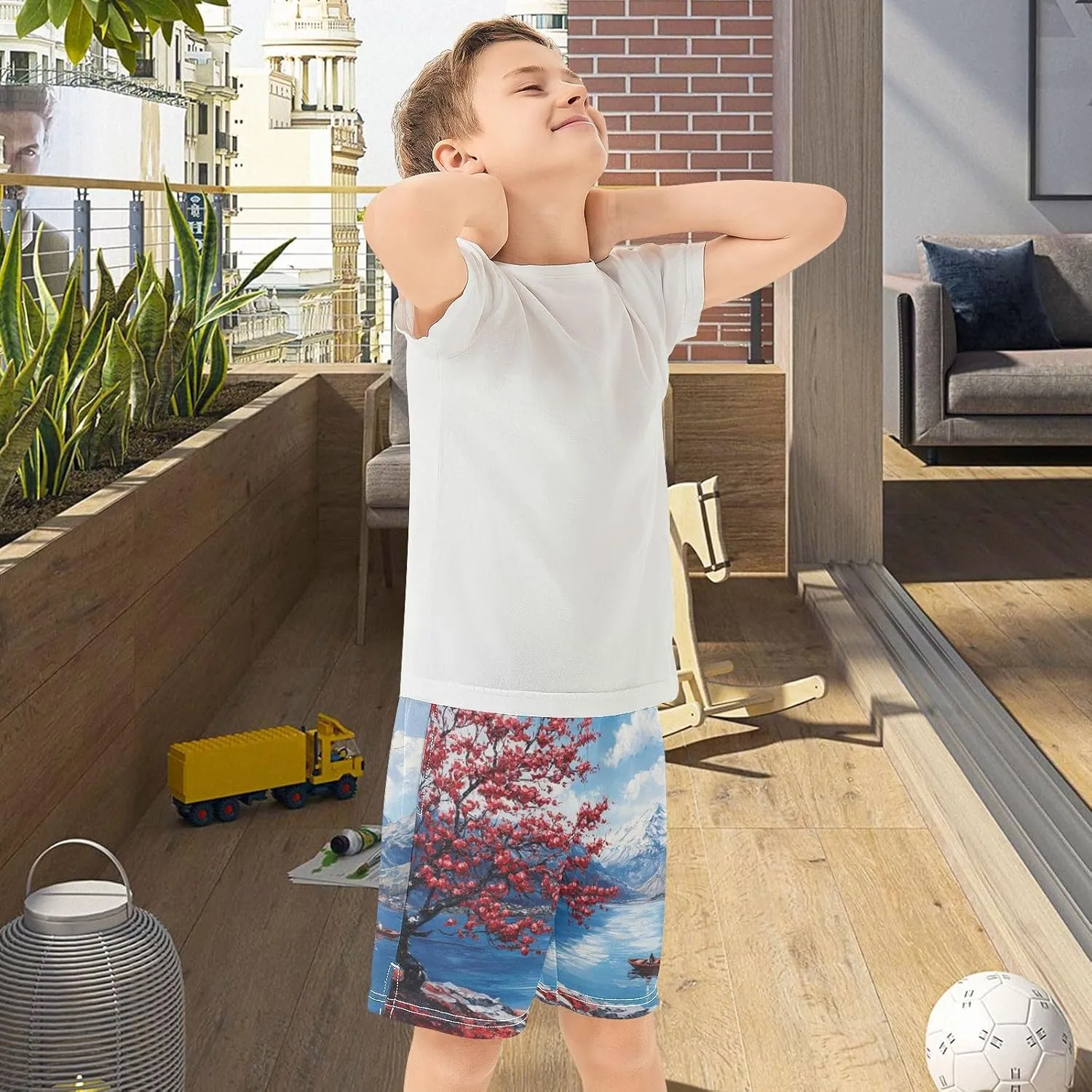 Cherry Blossom Mountain Lake Boy's Lightweight Casual Shorts Summer Athletic Shorts with Pockets for Hiking Outdoor