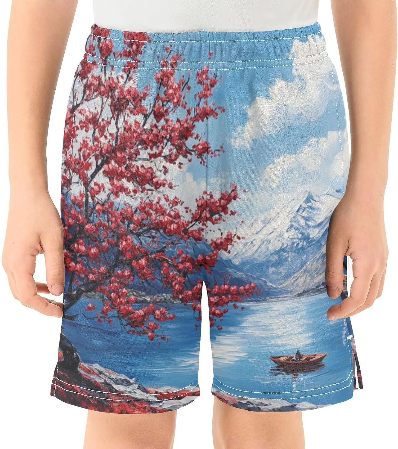 Cherry Blossom Mountain Lake Boy's Lightweight Casual Shorts Summer Athletic Shorts with Pockets for Hiking Outdoor
