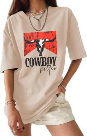 CM C&M WODRO Oversized Western Cowboy Killer T Shirt for Women Retro Cowgirl Rodeo Tee Vintage Bull Skull Graphic Shirt Top
