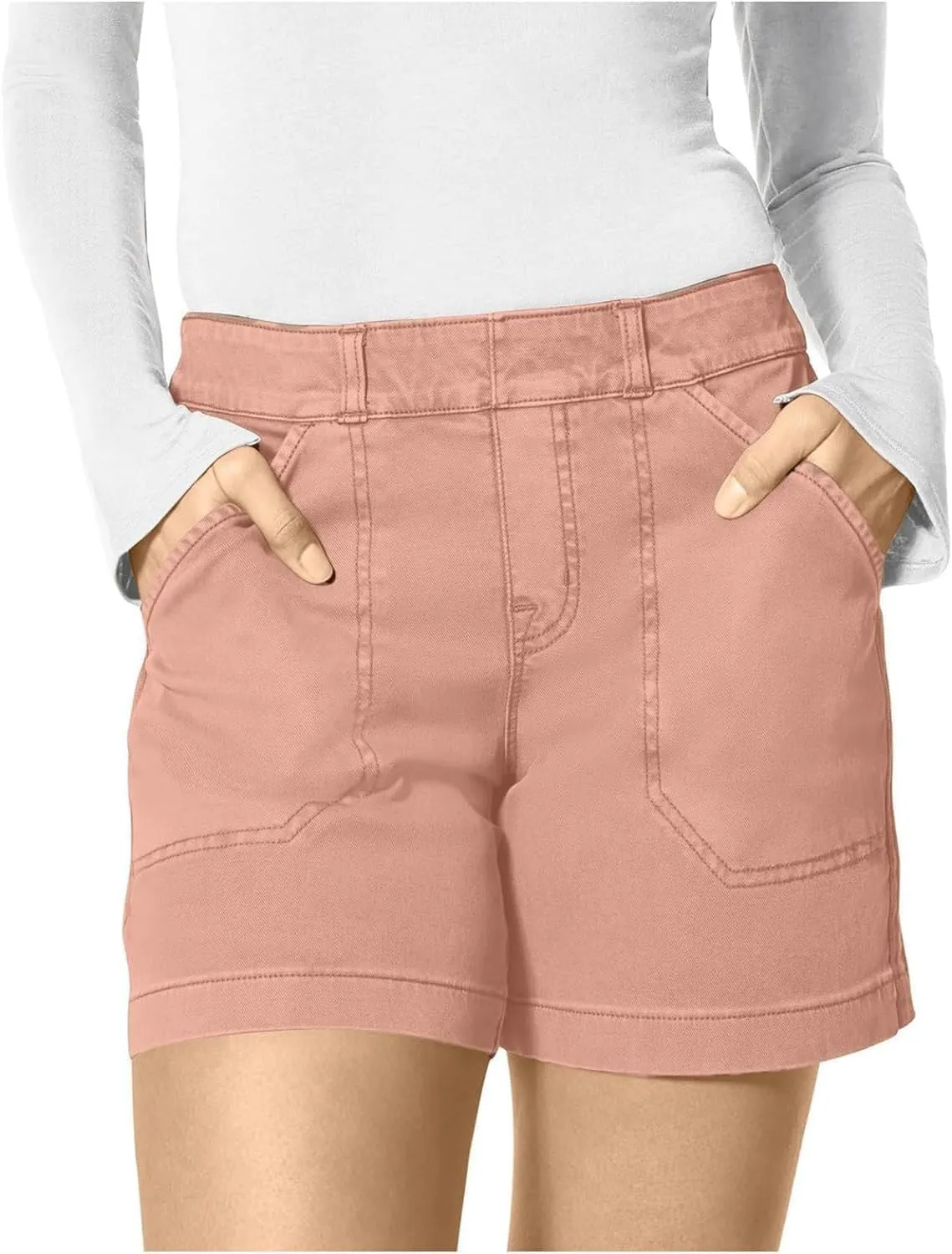 Comfy Stretch Twill Shorts for Women,Elastic Waist Casual Twill Short,Summer Chino Short,Pull On Denim Shorts with Pockets