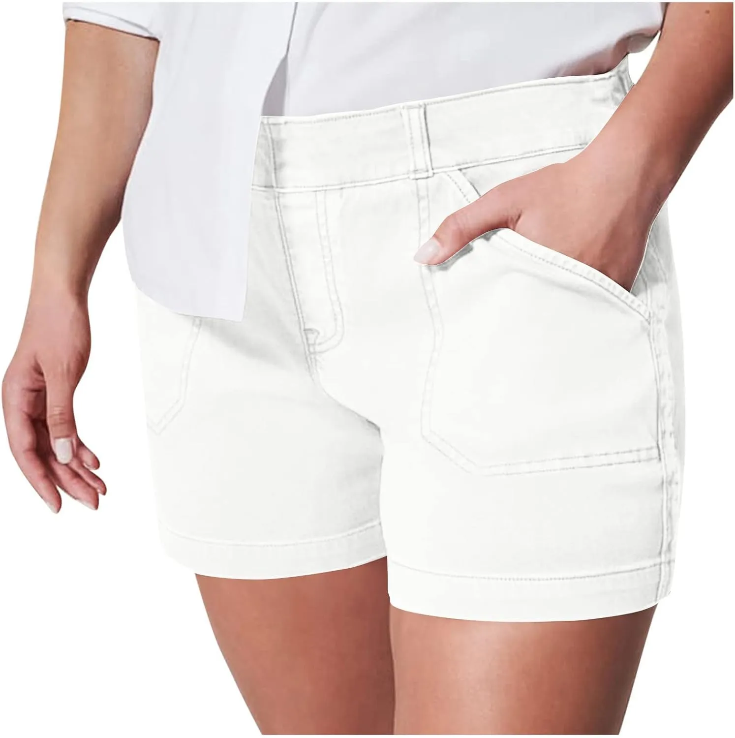 Comfy Stretch Twill Shorts for Women,Elastic Waist Casual Twill Short,Summer Chino Short,Pull On Denim Shorts with Pockets