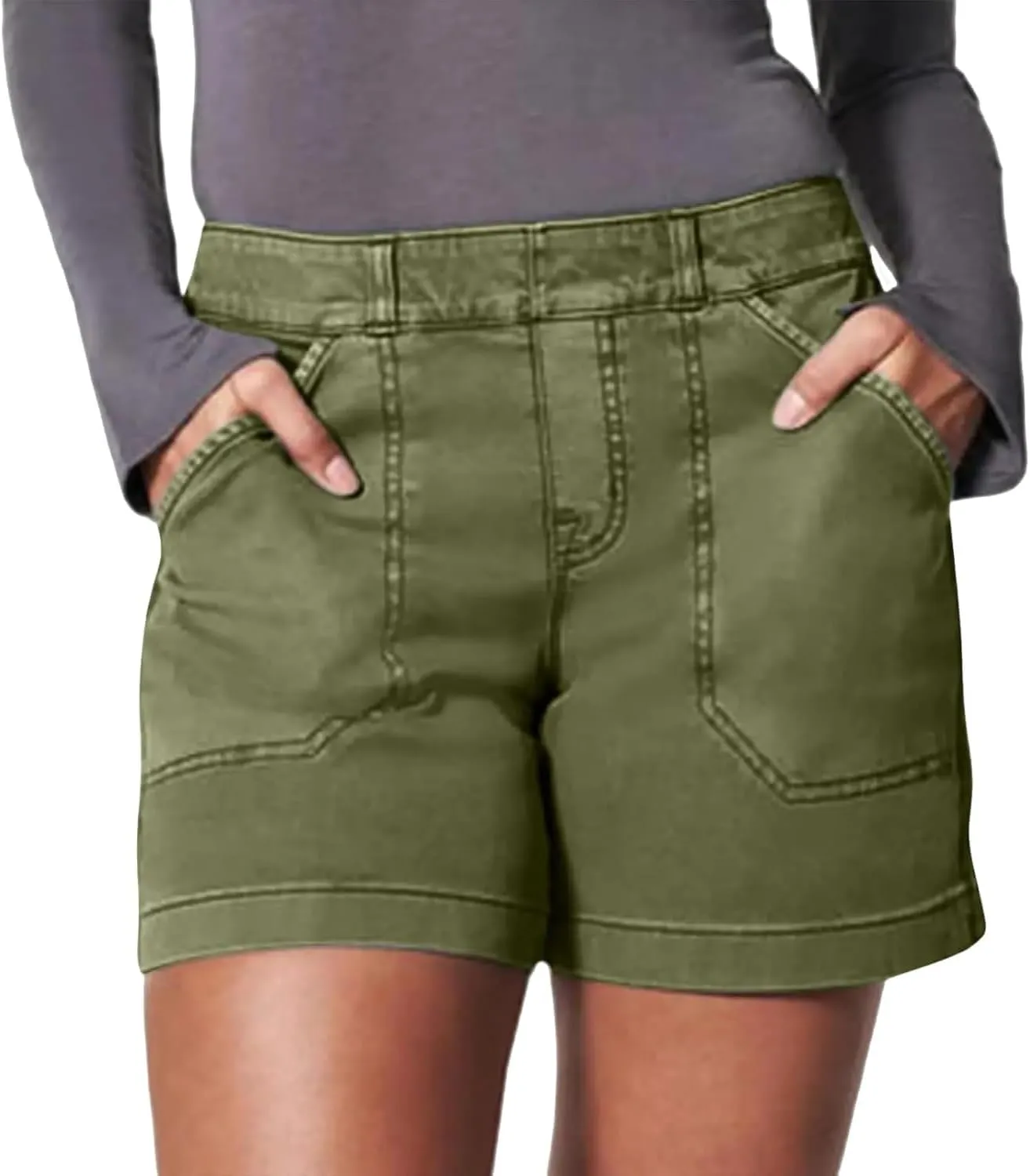 Comfy Stretch Twill Shorts for Women,Elastic Waist Casual Twill Short,Summer Chino Short,Pull On Denim Shorts with Pockets