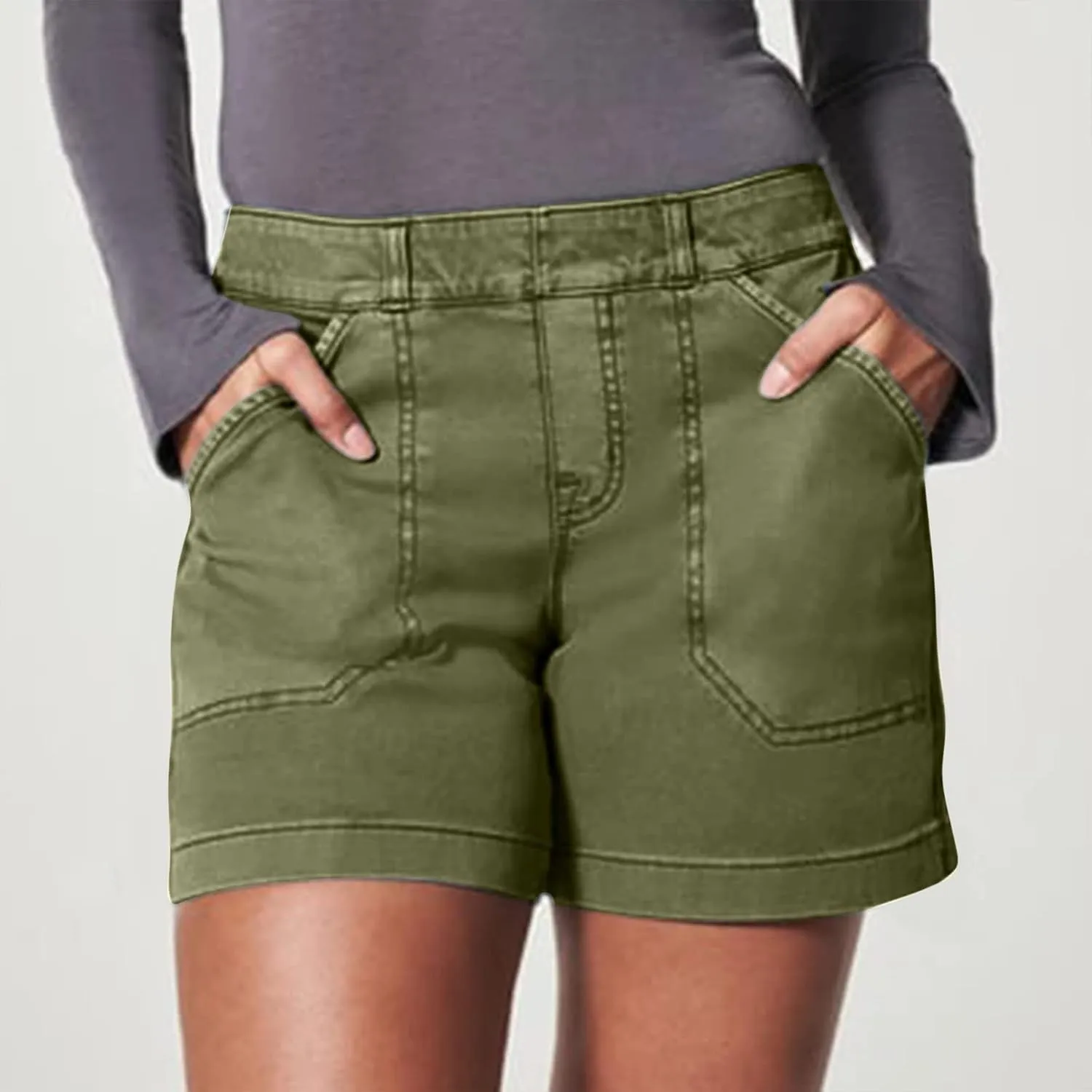 Comfy Stretch Twill Shorts for Women,Elastic Waist Casual Twill Short,Summer Chino Short,Pull On Denim Shorts with Pockets