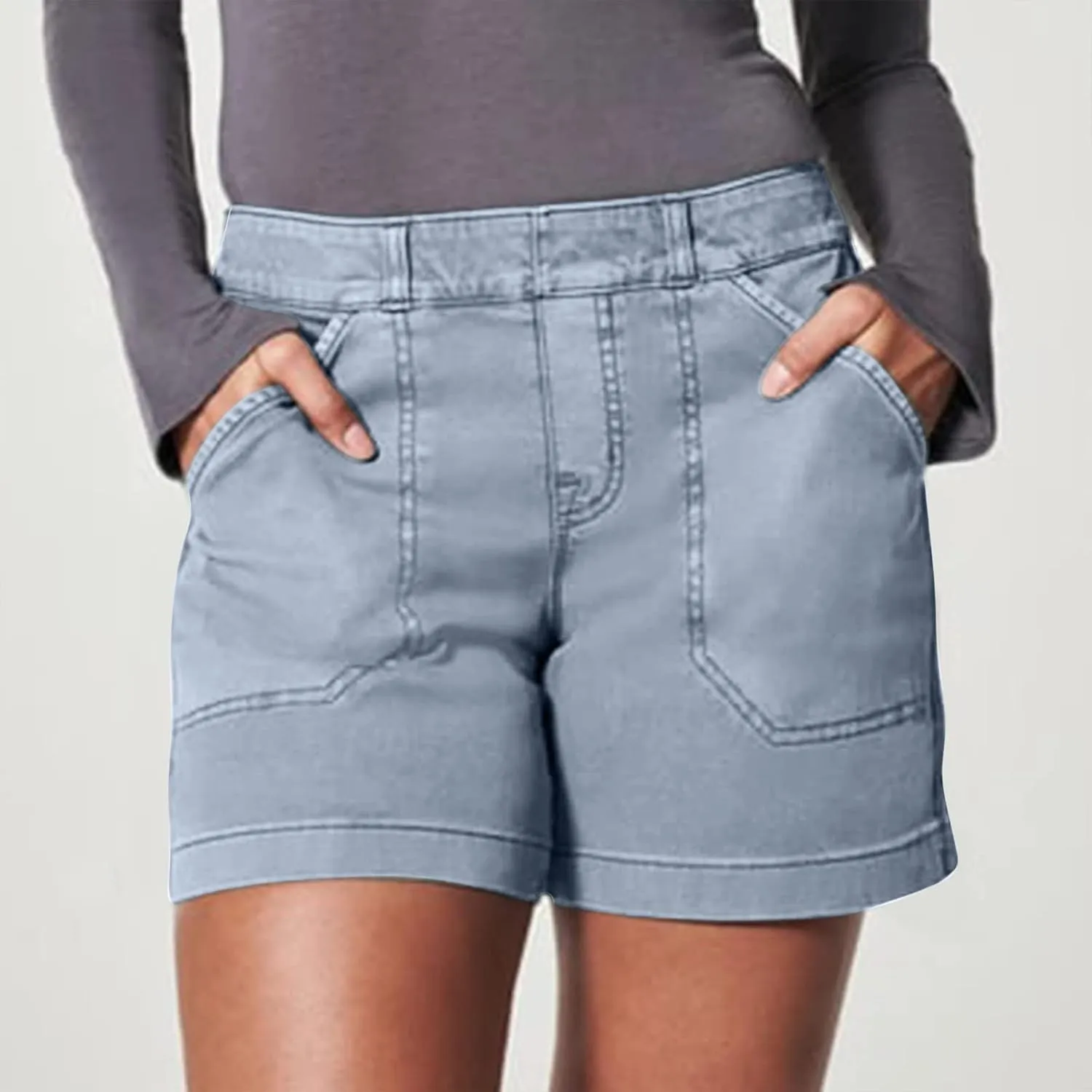 Comfy Stretch Twill Shorts for Women,Elastic Waist Casual Twill Short,Summer Chino Short,Pull On Denim Shorts with Pockets