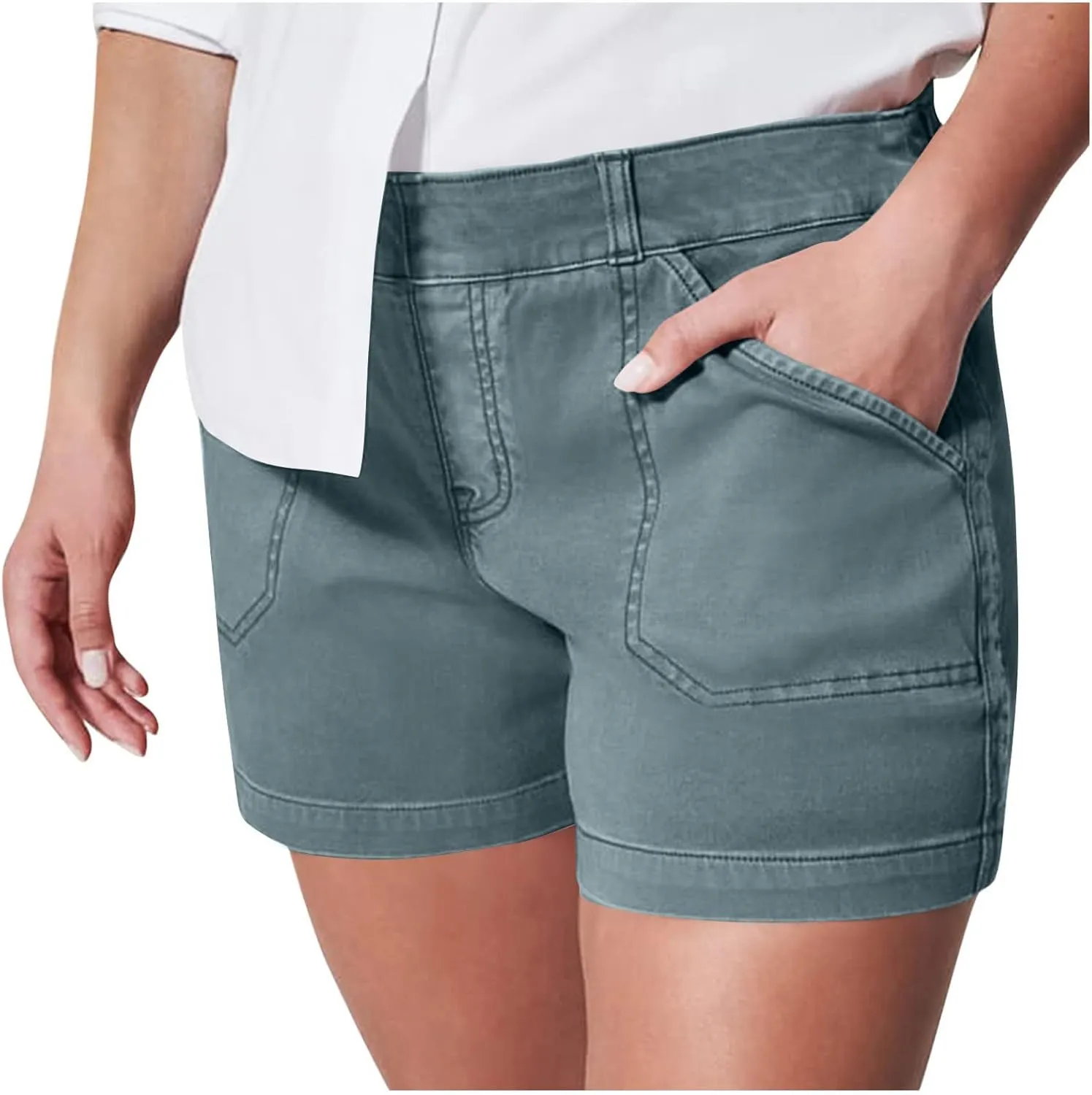 Comfy Stretch Twill Shorts for Women,Elastic Waist Casual Twill Short,Summer Chino Short,Pull On Denim Shorts with Pockets