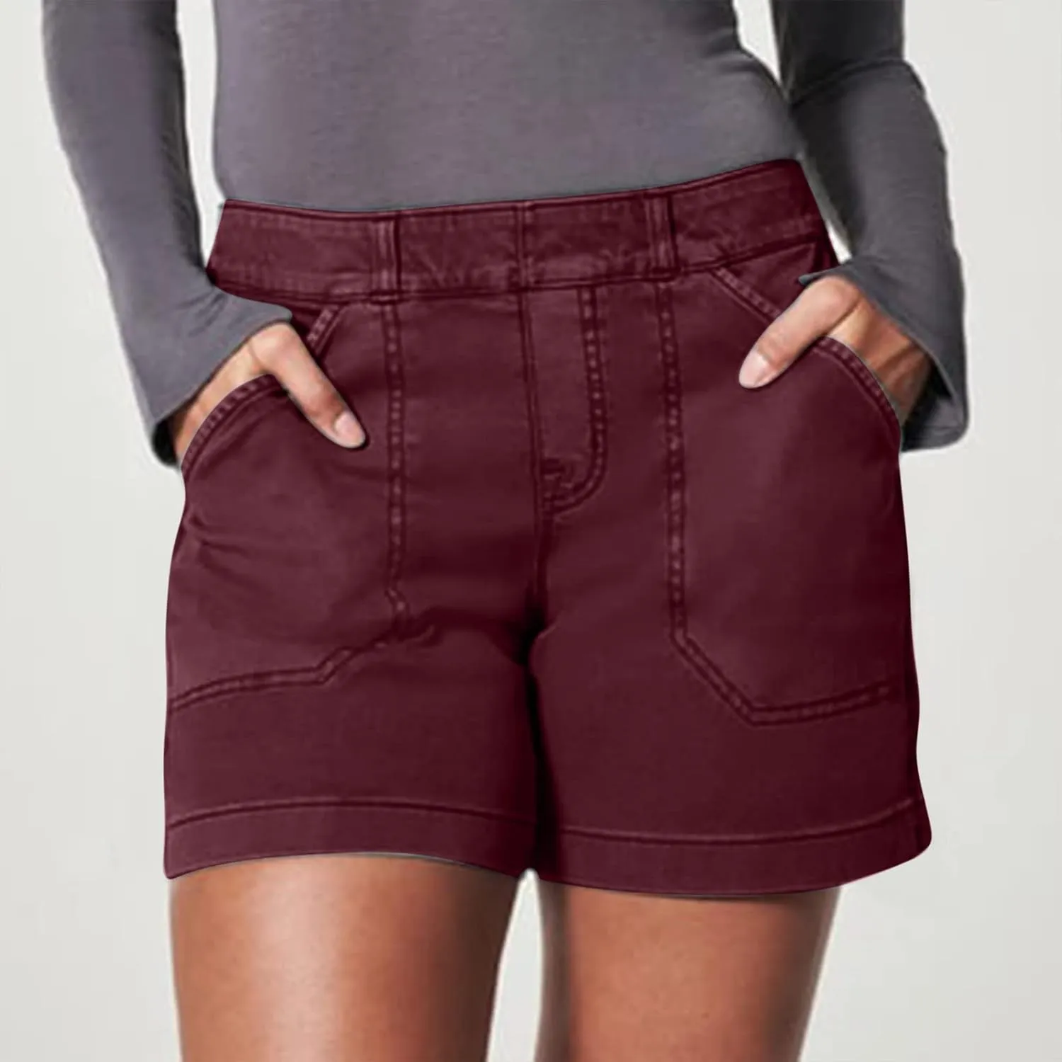 Comfy Stretch Twill Shorts for Women,Elastic Waist Casual Twill Short,Summer Chino Short,Pull On Denim Shorts with Pockets