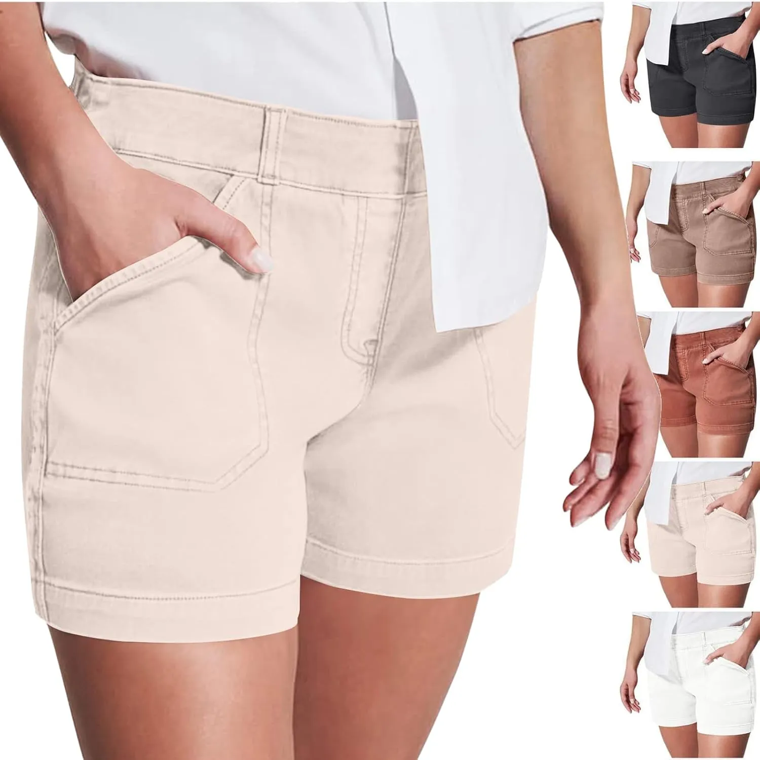 Comfy Stretch Twill Shorts for Women,Elastic Waist Casual Twill Short,Summer Chino Short,Pull On Denim Shorts with Pockets