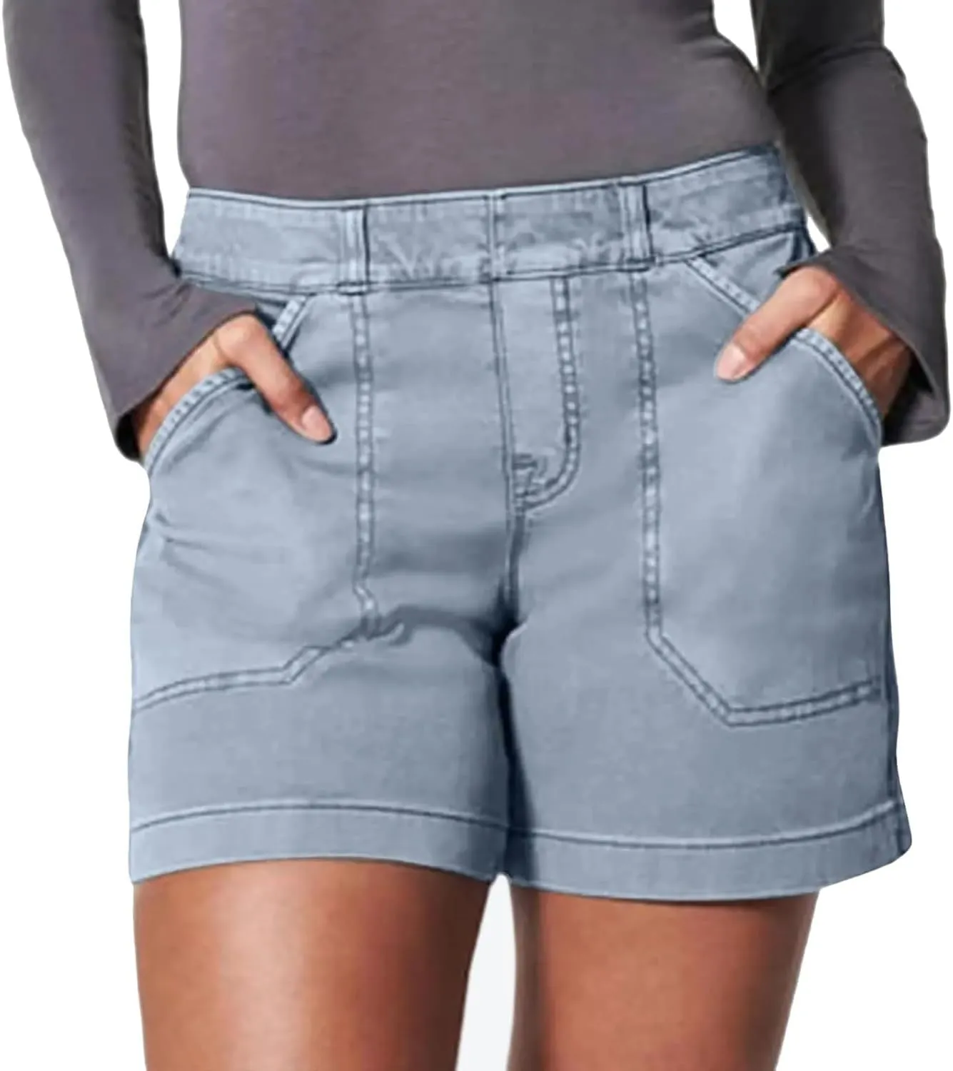 Comfy Stretch Twill Shorts for Women,Elastic Waist Casual Twill Short,Summer Chino Short,Pull On Denim Shorts with Pockets
