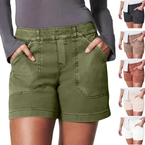 Comfy Stretch Twill Shorts for Women,Elastic Waist Casual Twill Short,Summer Chino Short,Pull On Denim Shorts with Pockets
