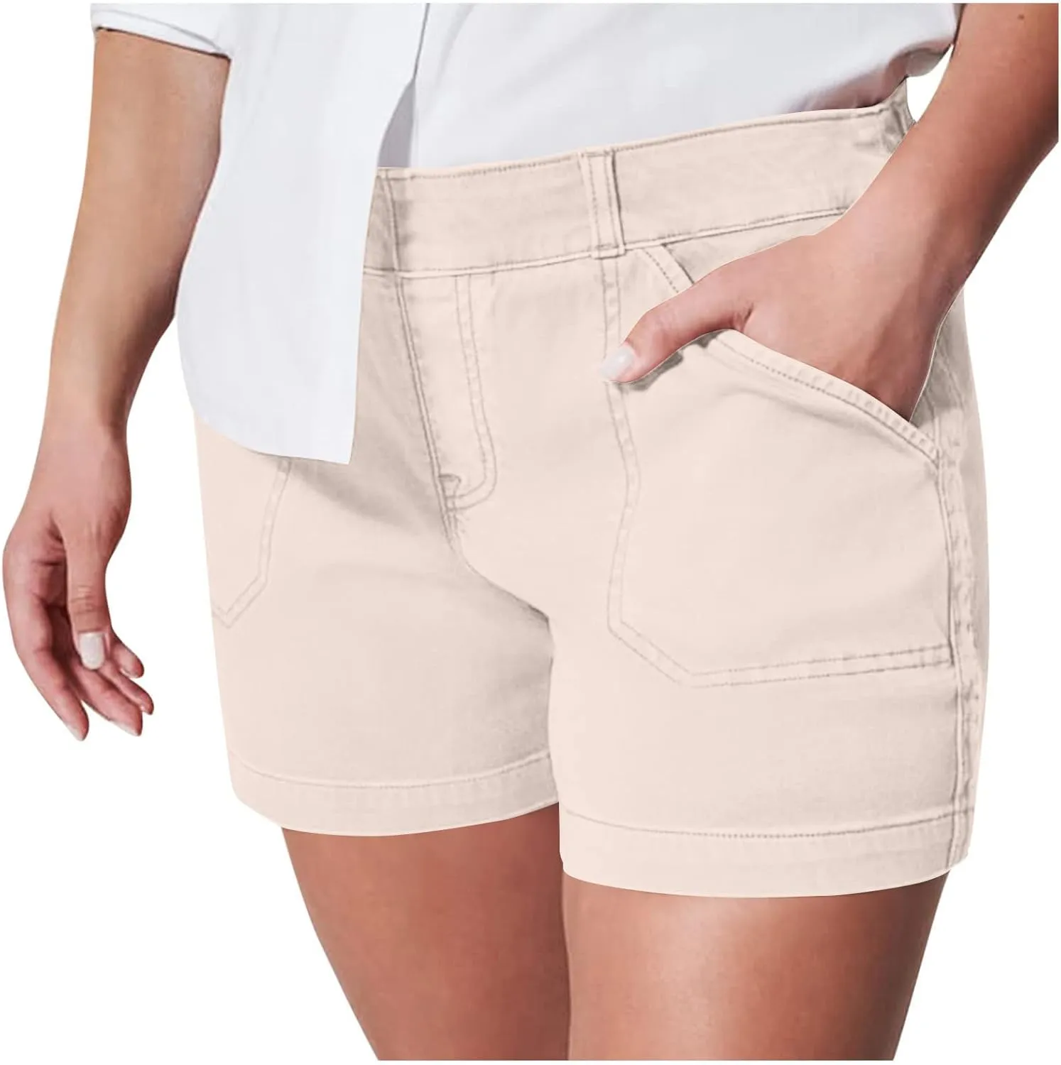 Comfy Stretch Twill Shorts for Women,Elastic Waist Casual Twill Short,Summer Chino Short,Pull On Denim Shorts with Pockets