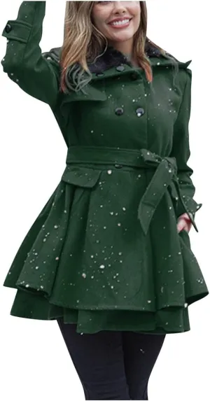 cooki Trench Coat for Women 2023 Women's Fashion Faux Fur Lapel Double-Breasted Thick Wool Blend Pea Coat Winter Warm Jacket