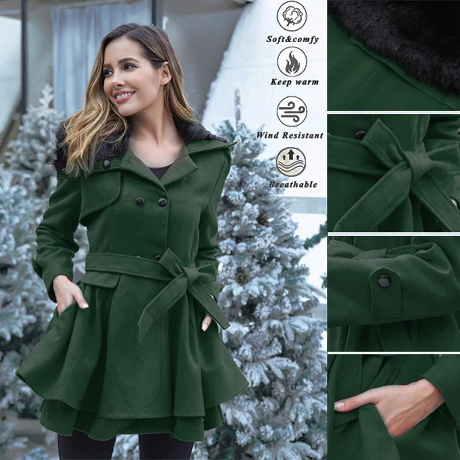 cooki Trench Coat for Women 2023 Women's Fashion Faux Fur Lapel Double-Breasted Thick Wool Blend Pea Coat Winter Warm Jacket