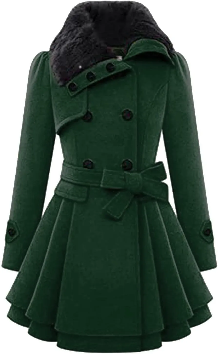 cooki Trench Coat for Women 2023 Women's Fashion Faux Fur Lapel Double-Breasted Thick Wool Blend Pea Coat Winter Warm Jacket