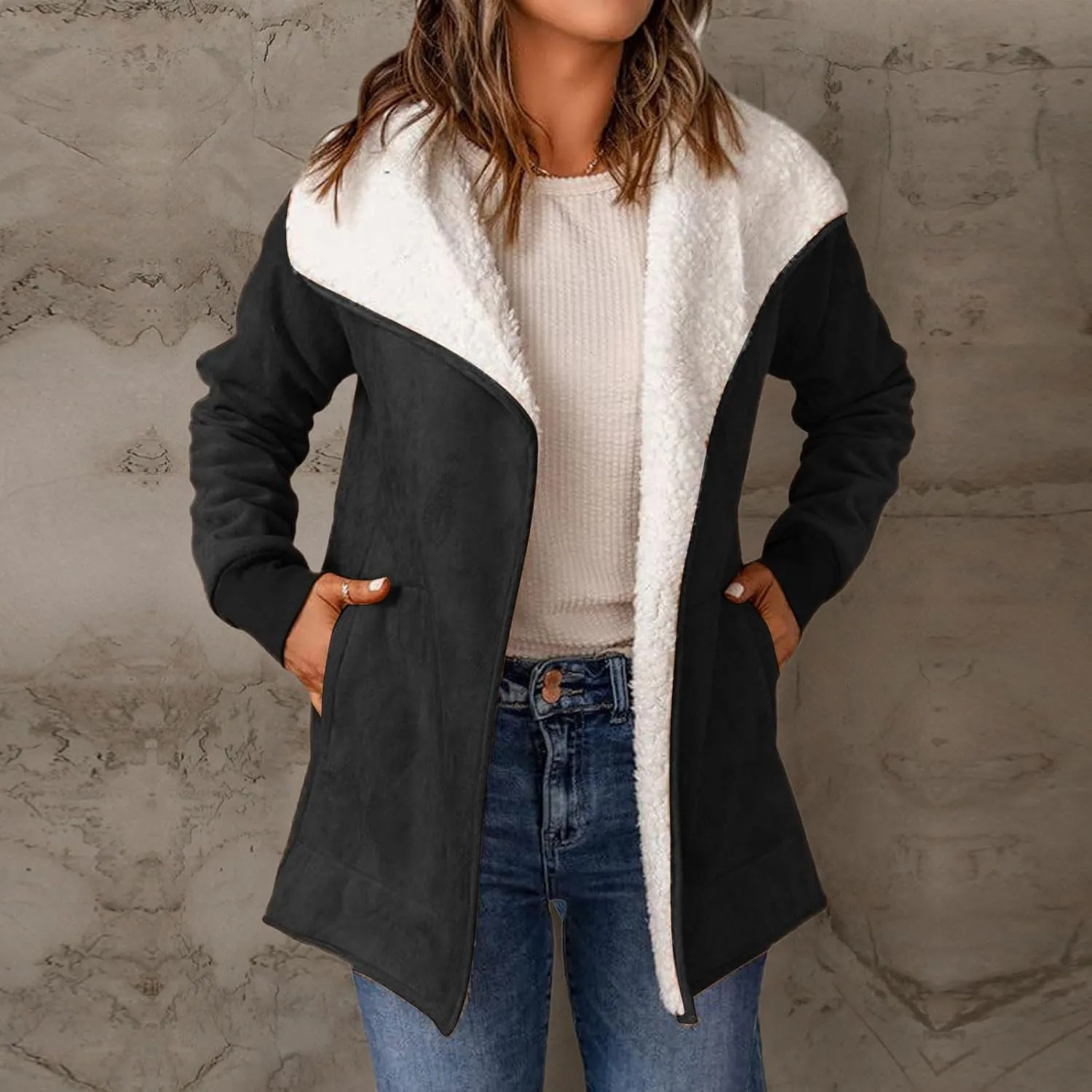 cooki Trench Coat for Women 2023 Women's Winter Warm Stand Collar Sherpa Lined Outerwear Fleece Jacket Coats Winter Warm Coat