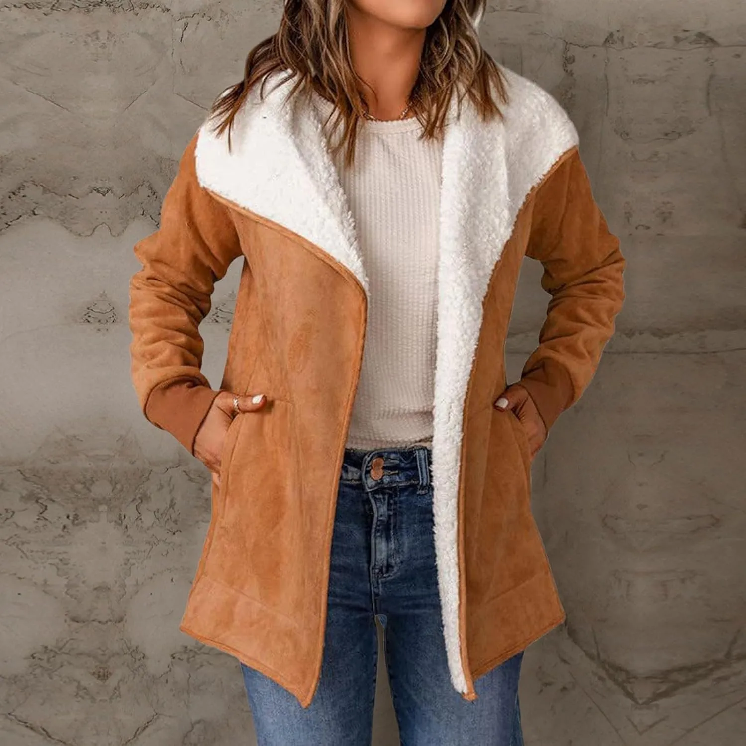 cooki Trench Coat for Women 2023 Women's Winter Warm Stand Collar Sherpa Lined Outerwear Fleece Jacket Coats Winter Warm Coat