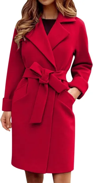 cooki Winter Coats for Women 2023 Wool Blend Coat Open Front Long Pea Trench Coat Casual Solid Long Sleeve Lapel Outerwear