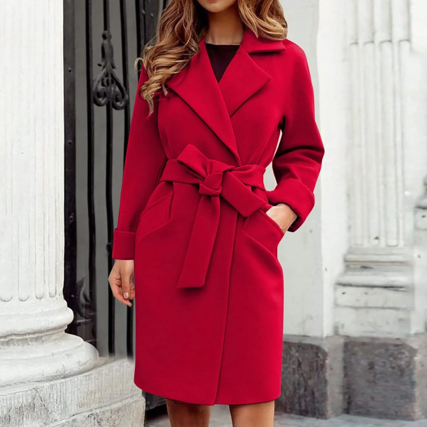cooki Winter Coats for Women 2023 Wool Blend Coat Open Front Long Pea Trench Coat Casual Solid Long Sleeve Lapel Outerwear