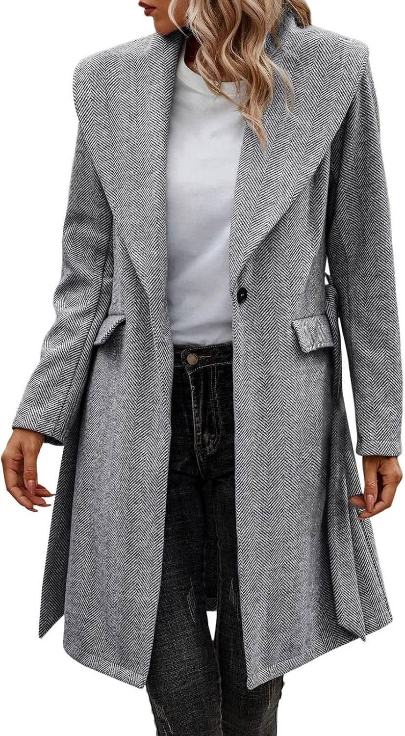 cooki Wool Coats for Women Long Women's Wool Coat Knee Length Warm Winter Trench Coats Lapel Button Down Peacoat With Belt