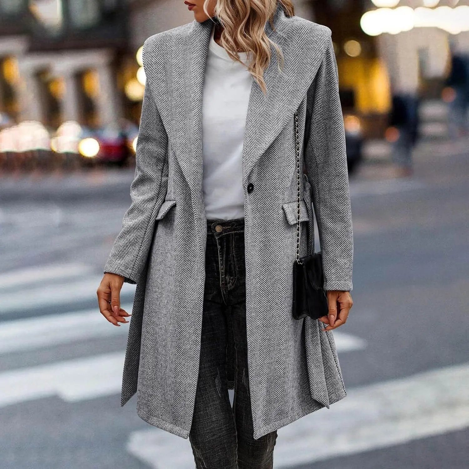 cooki Wool Coats for Women Long Women's Wool Coat Knee Length Warm Winter Trench Coats Lapel Button Down Peacoat With Belt