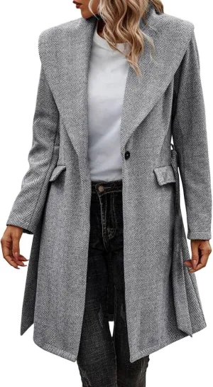 cooki Wool Coats for Women Long Women's Wool Coat Knee Length Warm Winter Trench Coats Lapel Button Down Peacoat With Belt