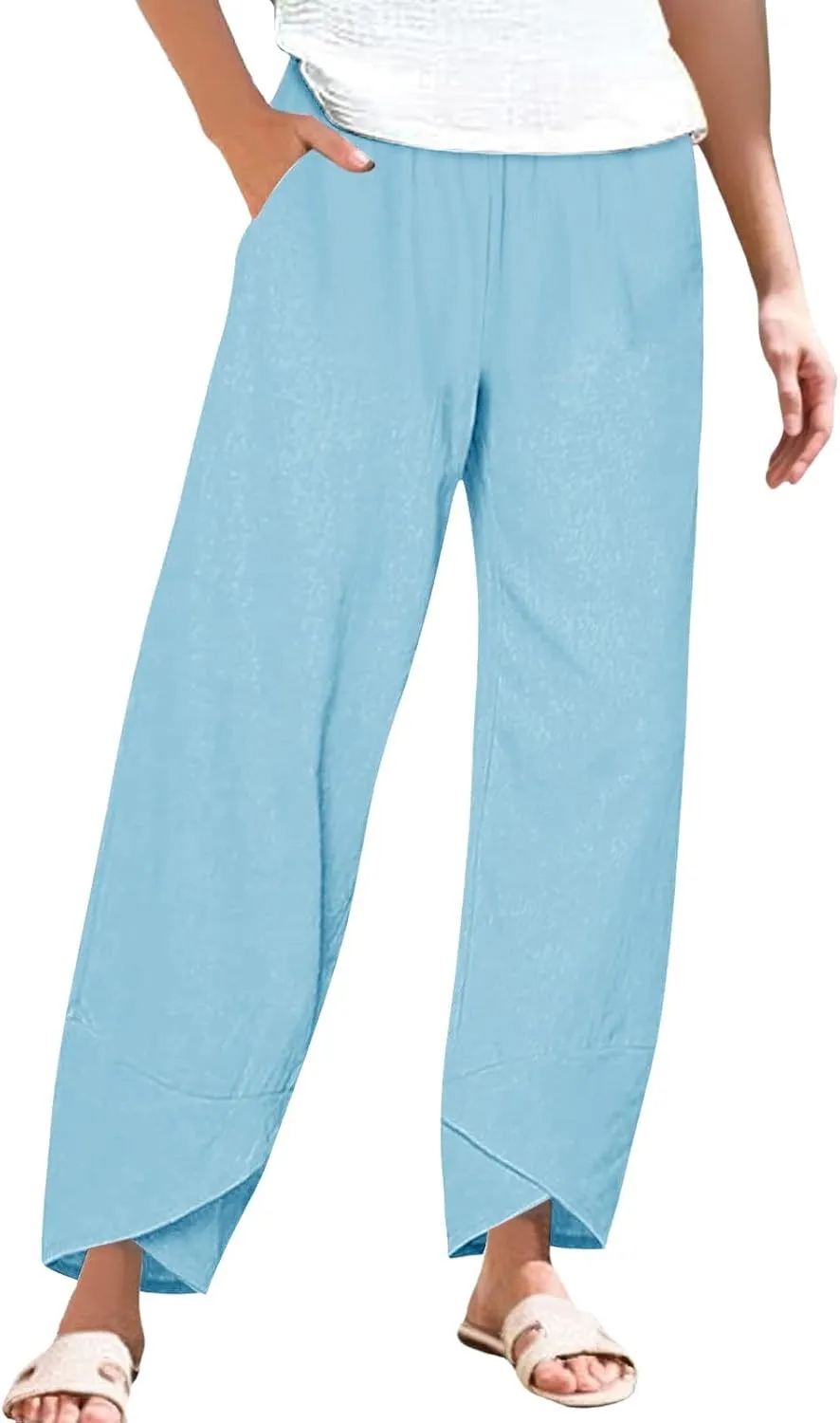 Cotton Linen Pants for Womens Summer Loose Cool Lightweight Hiking Lounge Trousers Bottom Pleated Elastic Waist Pants