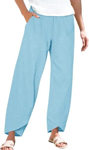 Cotton Linen Pants for Womens Summer Loose Cool Lightweight Hiking Lounge Trousers Bottom Pleated Elastic Waist Pants