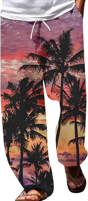 Cotton Linen Tropical Pants Men Casual Loose Elastic Drawstring Waist Summer Beach Vocation Pants of Hawaiian Shirt