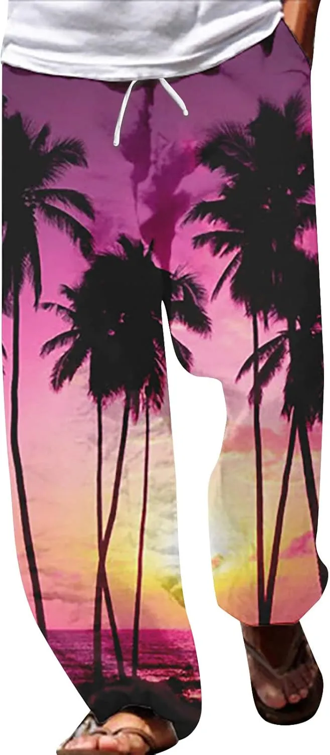Cotton Linen Tropical Pants Men Casual Loose Elastic Drawstring Waist Summer Beach Vocation Pants of Hawaiian Shirt