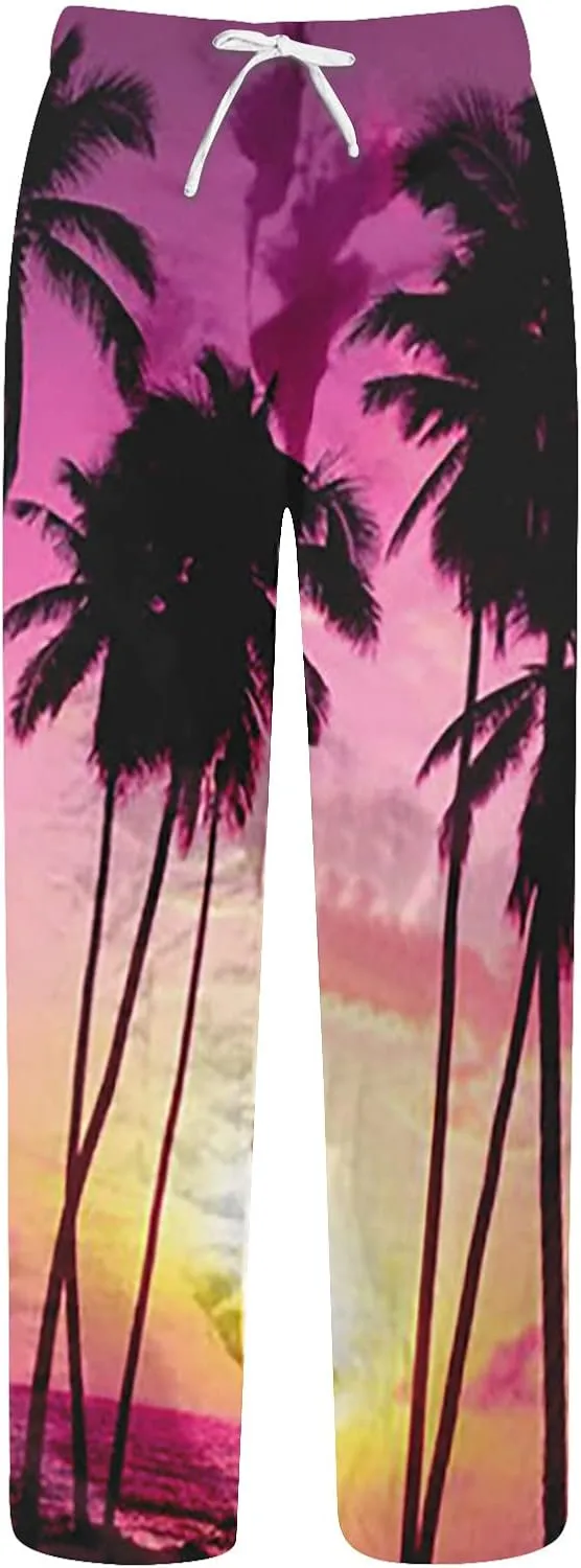 Cotton Linen Tropical Pants Men Casual Loose Elastic Drawstring Waist Summer Beach Vocation Pants of Hawaiian Shirt