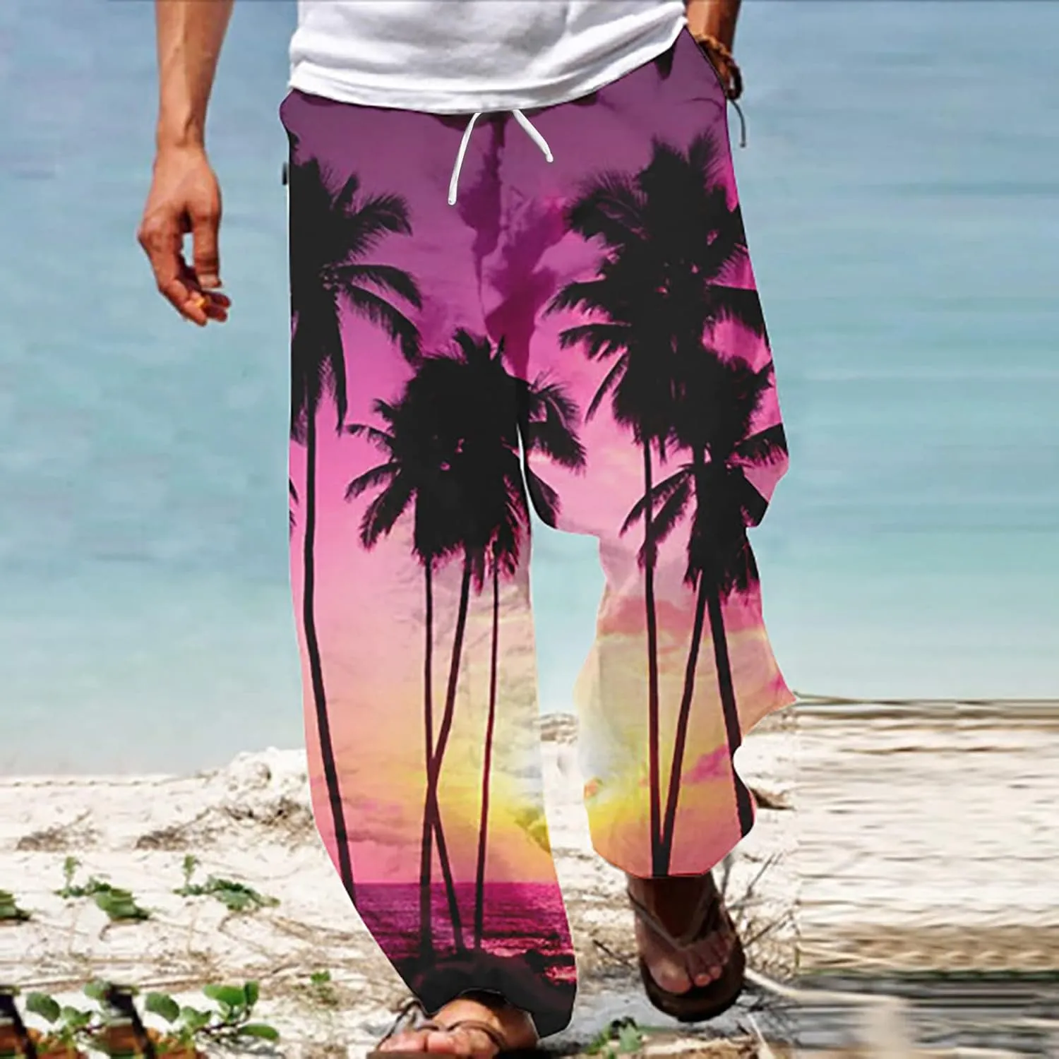 Cotton Linen Tropical Pants Men Casual Loose Elastic Drawstring Waist Summer Beach Vocation Pants of Hawaiian Shirt