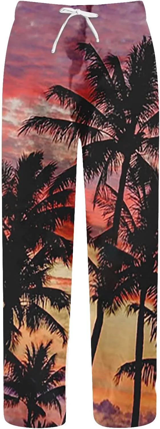 Cotton Linen Tropical Pants Men Casual Loose Elastic Drawstring Waist Summer Beach Vocation Pants of Hawaiian Shirt