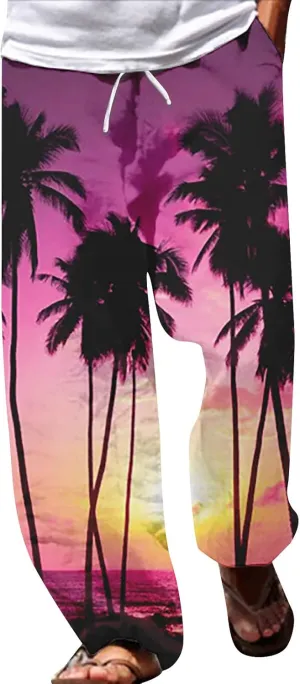 Cotton Linen Tropical Pants Men Casual Loose Elastic Drawstring Waist Summer Beach Vocation Pants of Hawaiian Shirt