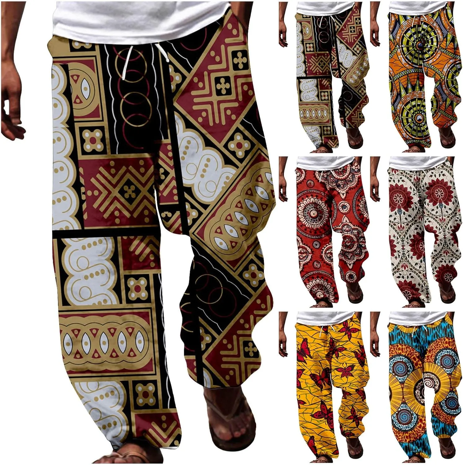 Cotton Linen Tropical Pants Men Casual Loose Elastic Drawstring Waist Summer Beach Vocation Pants of Hawaiian Shirt