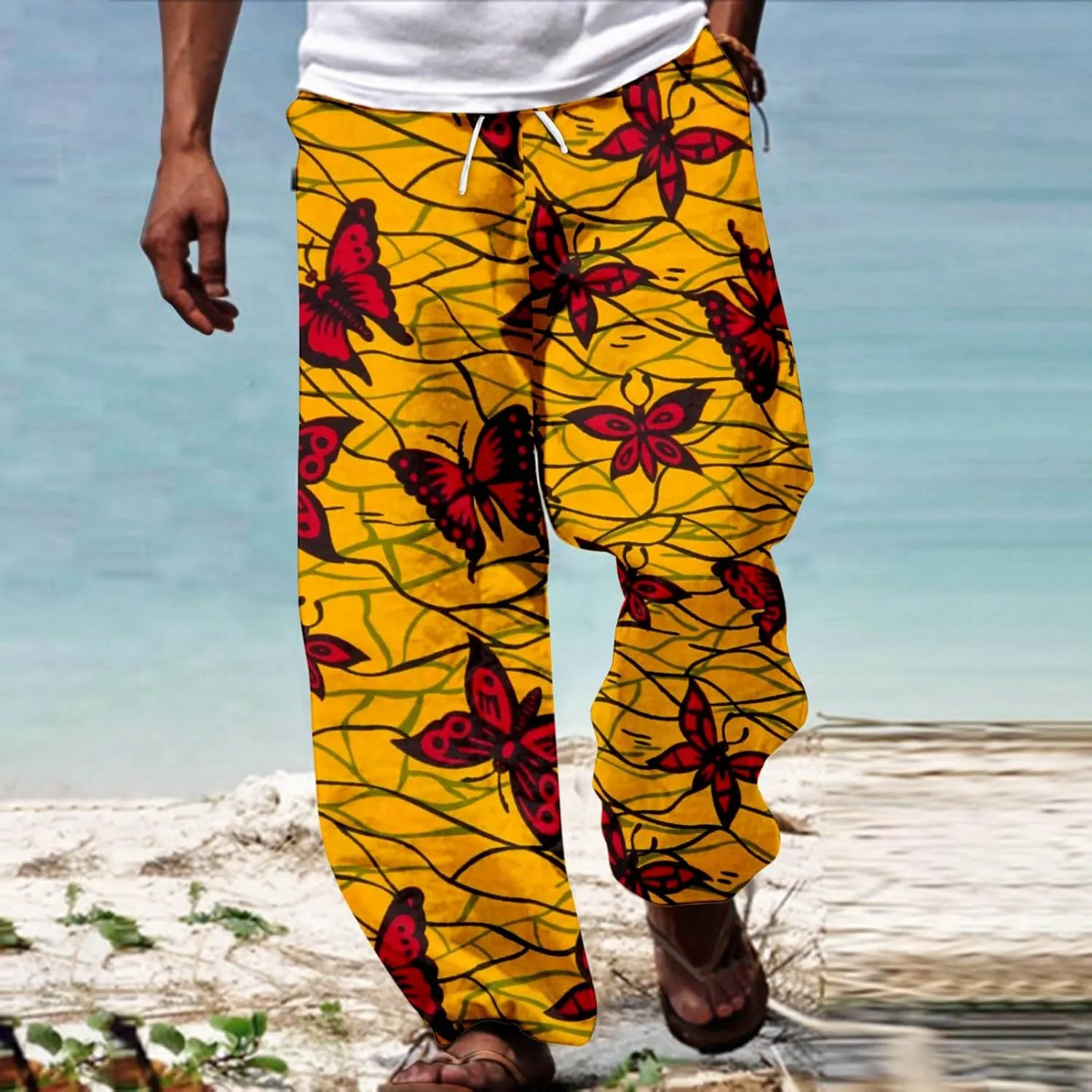 Cotton Linen Tropical Pants Men Casual Loose Elastic Drawstring Waist Summer Beach Vocation Pants of Hawaiian Shirt