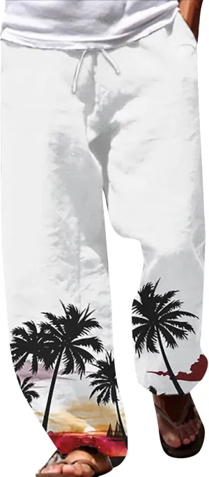 Cotton Linen Tropical Pants Men Casual Loose Elastic Drawstring Waist Summer Beach Vocation Pants of Hawaiian Shirt