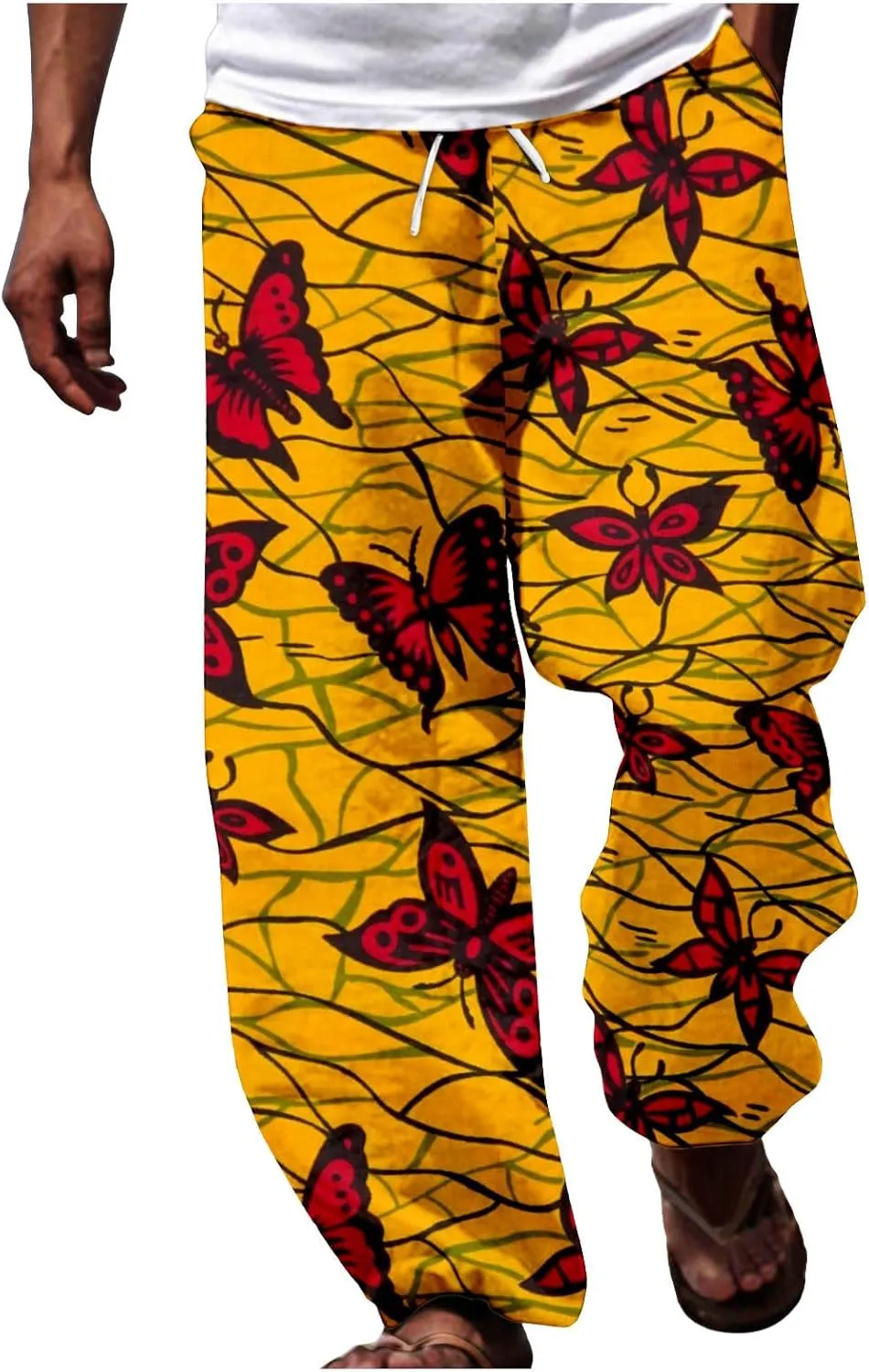 Cotton Linen Tropical Pants Men Casual Loose Elastic Drawstring Waist Summer Beach Vocation Pants of Hawaiian Shirt
