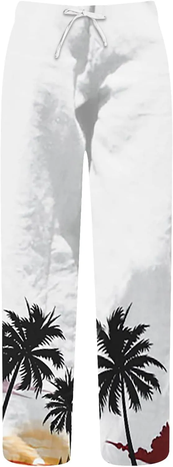 Cotton Linen Tropical Pants Men Casual Loose Elastic Drawstring Waist Summer Beach Vocation Pants of Hawaiian Shirt