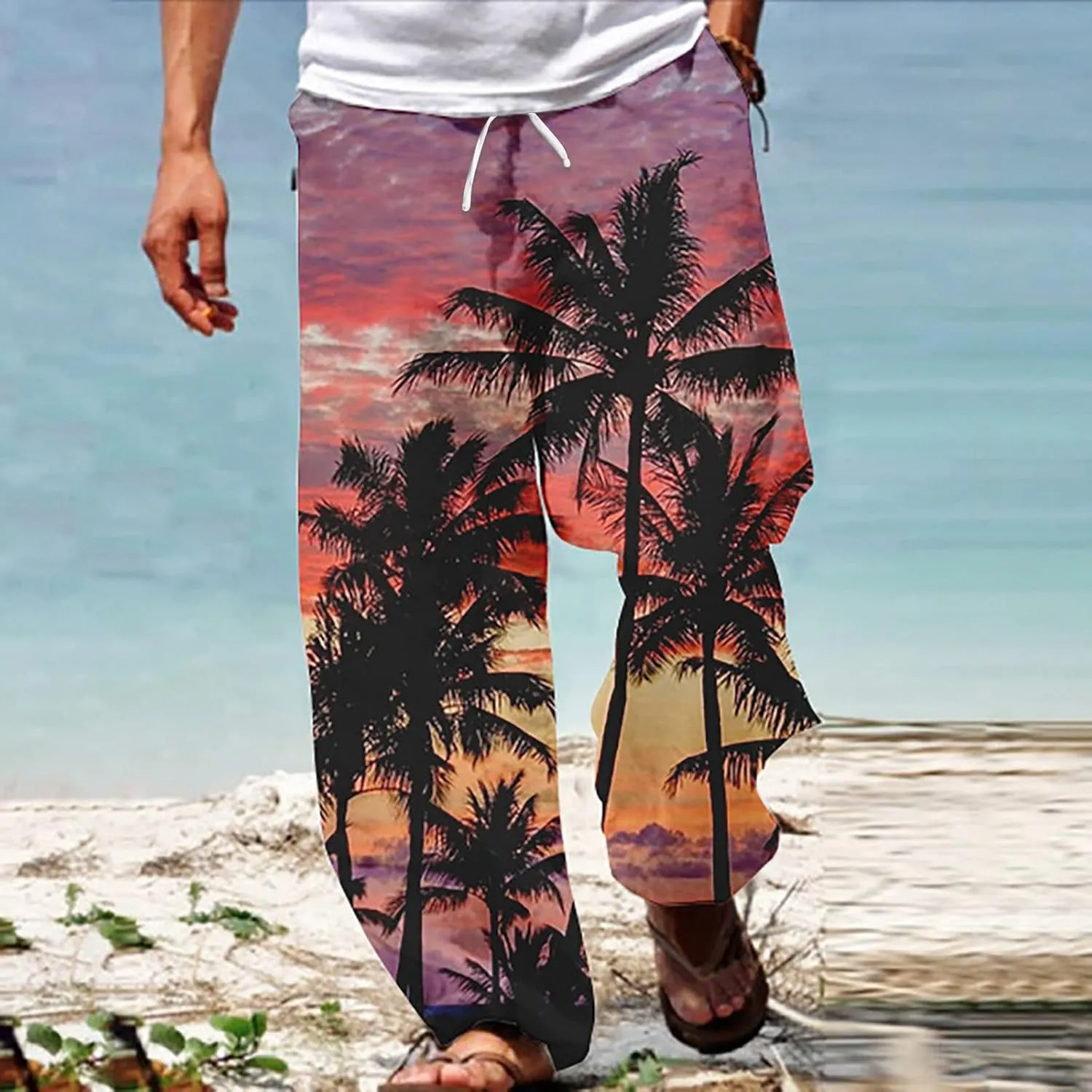 Cotton Linen Tropical Pants Men Casual Loose Elastic Drawstring Waist Summer Beach Vocation Pants of Hawaiian Shirt