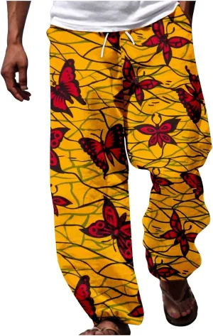 Cotton Linen Tropical Pants Men Casual Loose Elastic Drawstring Waist Summer Beach Vocation Pants of Hawaiian Shirt