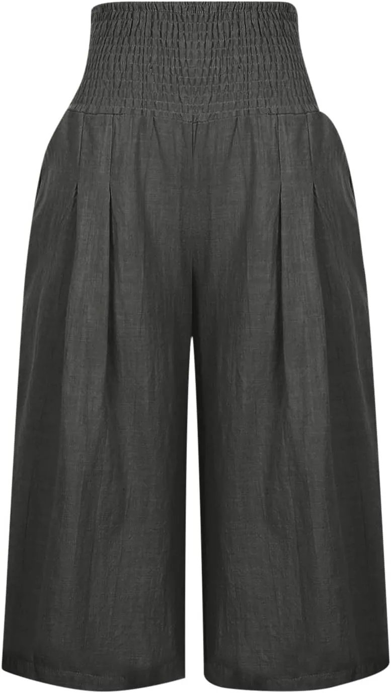 Cropped Linen Pants Women High Waisted Flare Wide Leg Capri Work Pants Business Casual Knee Length Pants with Pockets