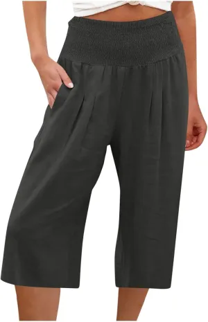 Cropped Linen Pants Women High Waisted Flare Wide Leg Capri Work Pants Business Casual Knee Length Pants with Pockets